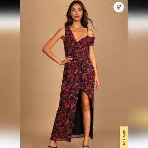Lulus With a Flourish Black Floral Print Off-the-Shoulder Maxi Dress